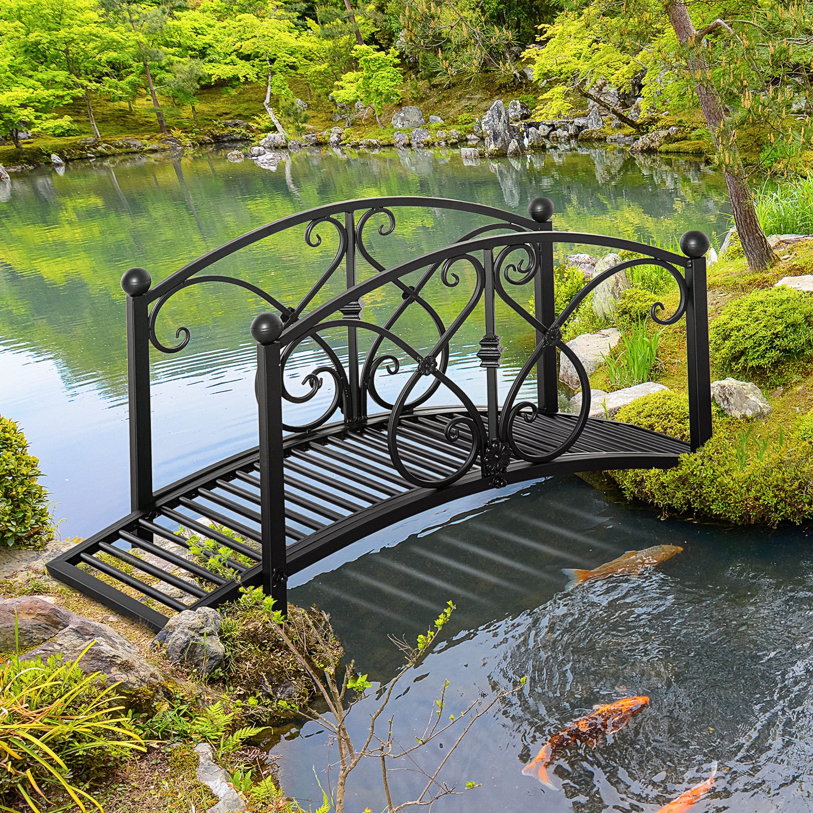 102L x 48W x 49H Classic Metal Garden Bridge with Safety Railings Arc 
