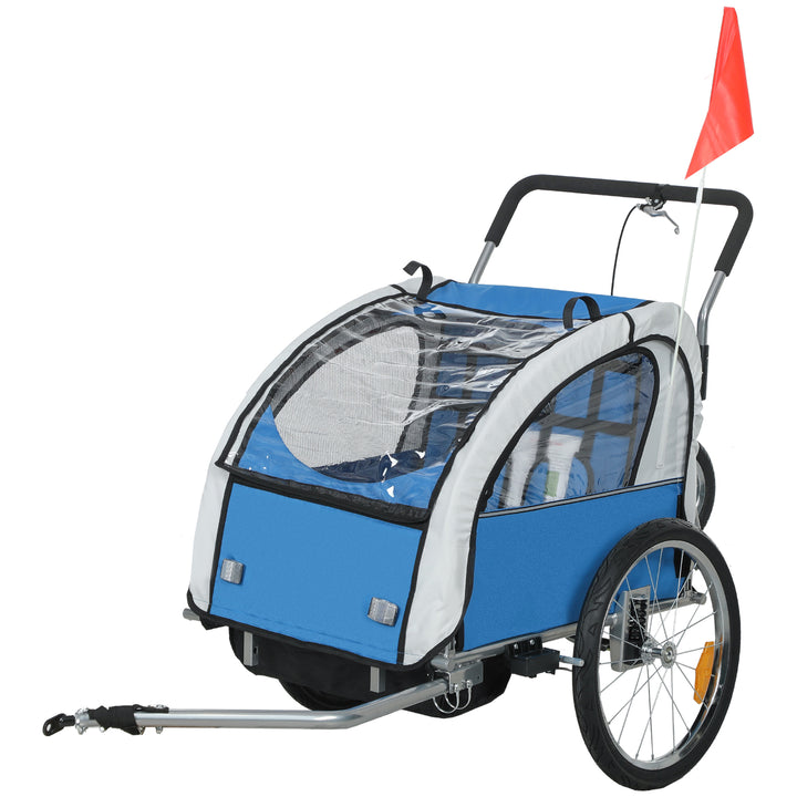 2 Seat Bike Trailer with 5 Point Harness, Baby Bike Stroller with Safety Flag, Reflectors, for 18+ Months, Blue