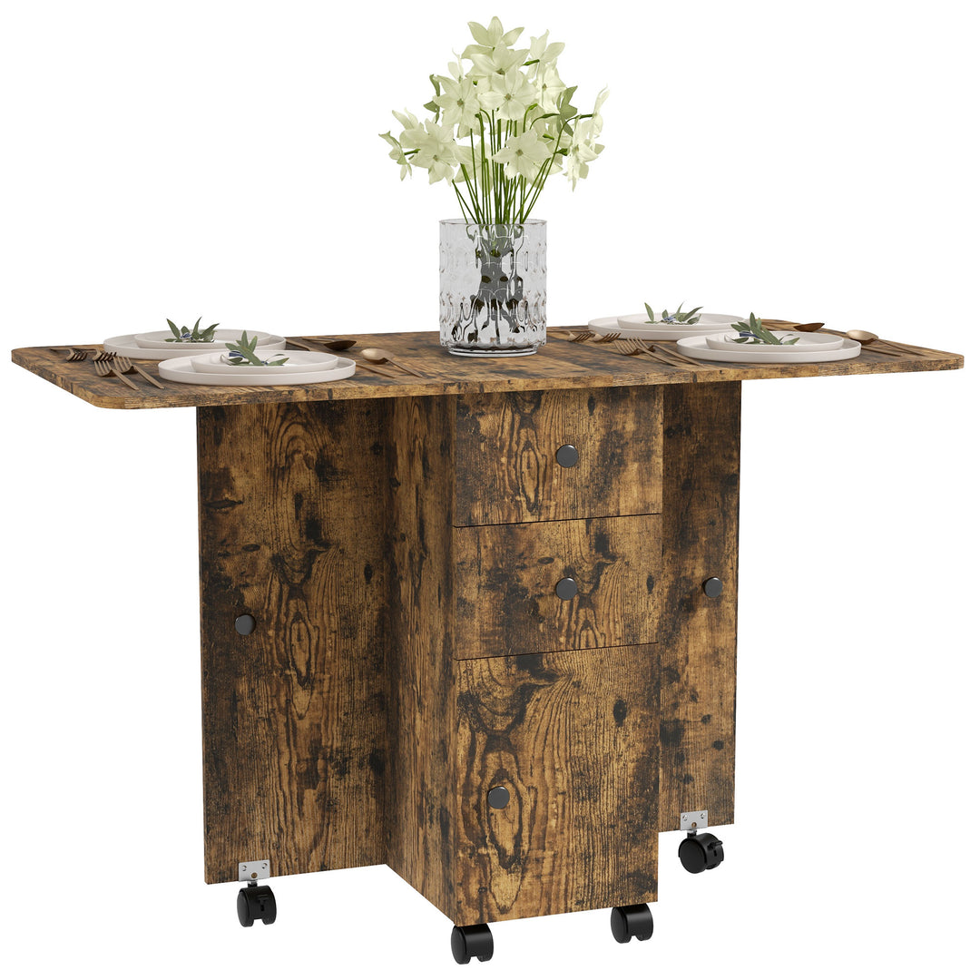 Multi-Storage Six-Person Drop Leaf Dining Table - Rustic Brown