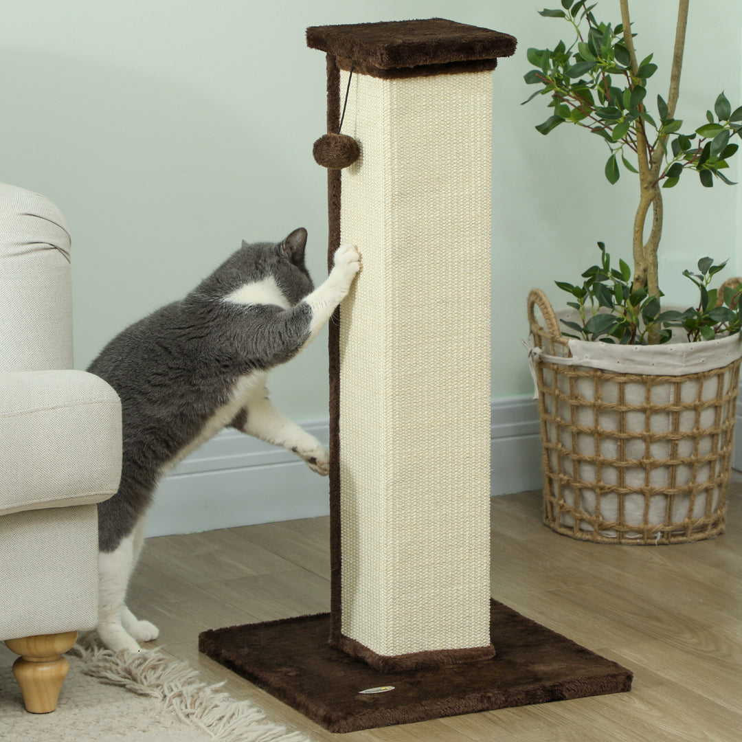 81cm Cat Scratcher, Vertical Full Scratcher w/ Natural Sisal Rope, Hanging Ball, Soft Plush - Brown