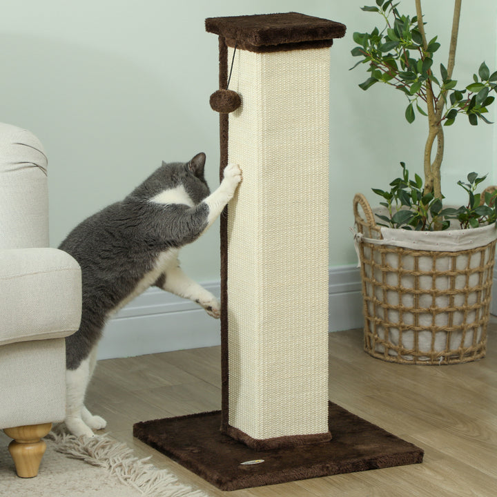81cm Cat Scratcher, Vertical Full Scratcher w/ Natural Sisal Rope, Hanging Ball, Soft Plush - Brown