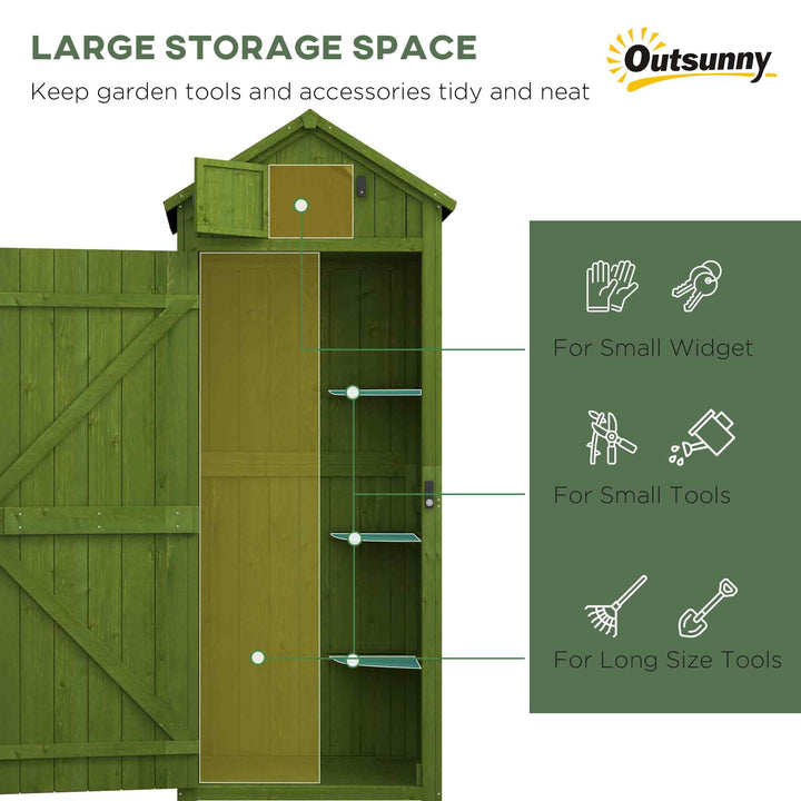 MCL Small Shed, Tall Slim Wooden Garden Shed with 3 Removable Shelves and Roof Hatch, Compact Outdoor Tool Storage Cabinet with Asphalt Roof and Door Latch, 77 x 54.2 x 179 cm, Green