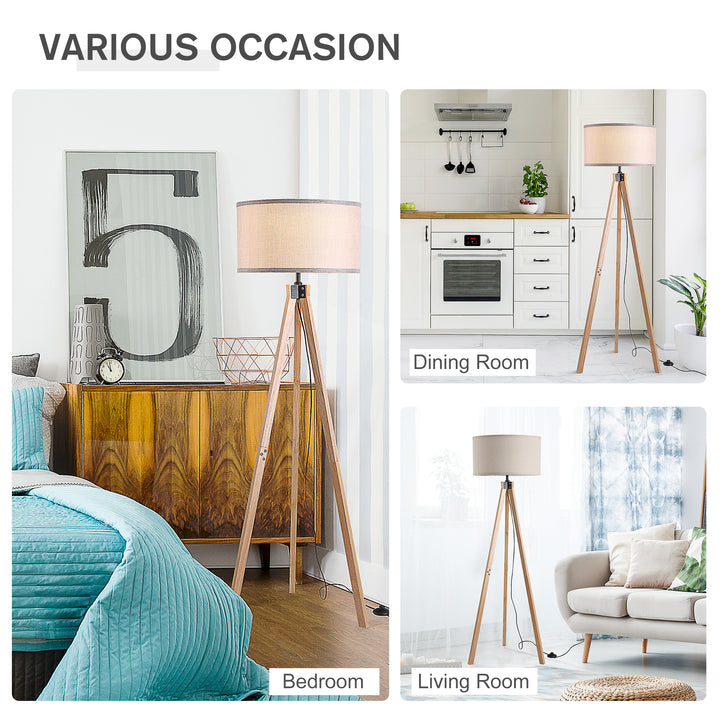 Floor Lamp with Elegant Wood Tripod, Free Standing E27 Bulb Lamp Versatile Use For Home Office - Beige