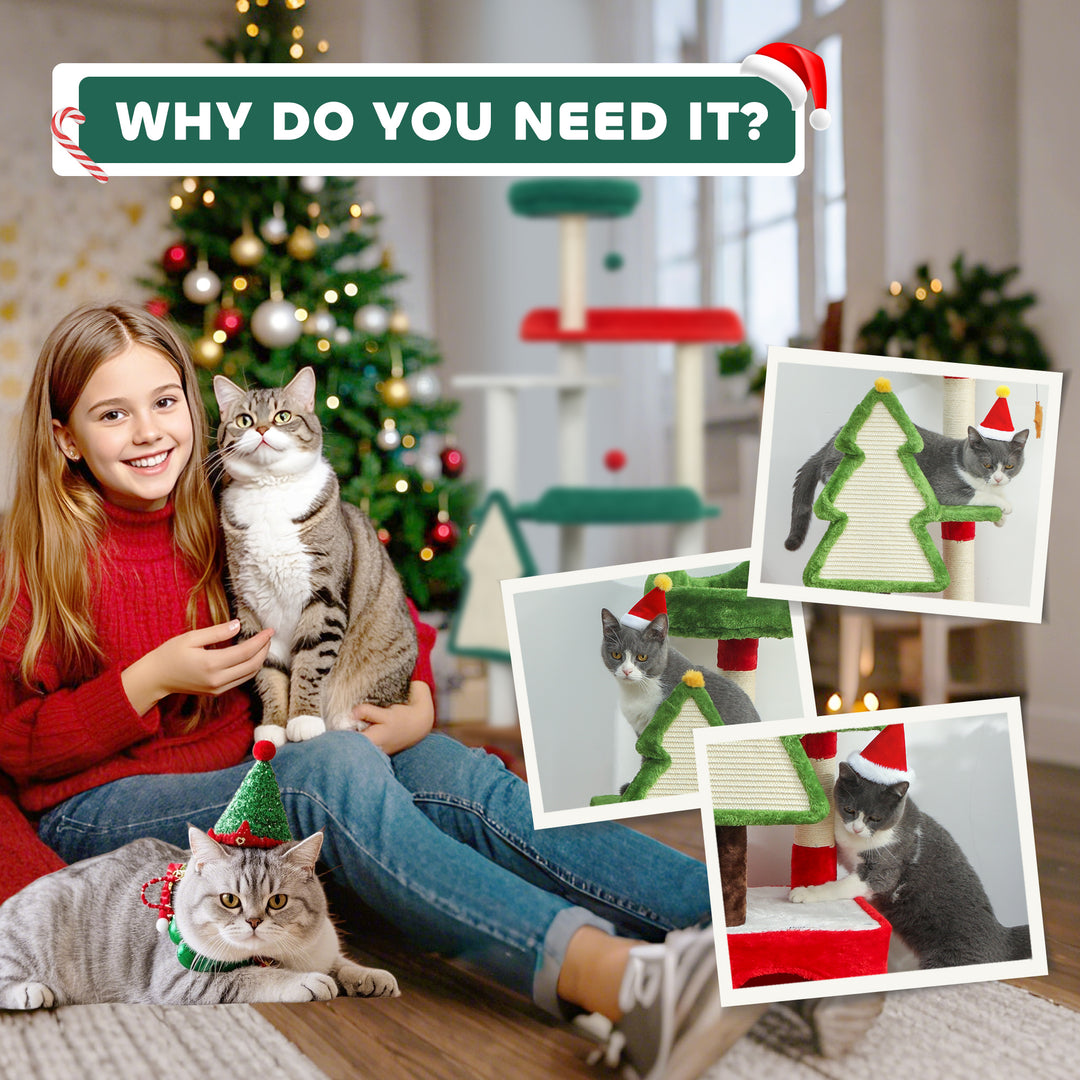 Christmas Cat Tree, 120cm Cat Tower with Scratching Post &amp; Board, Plat