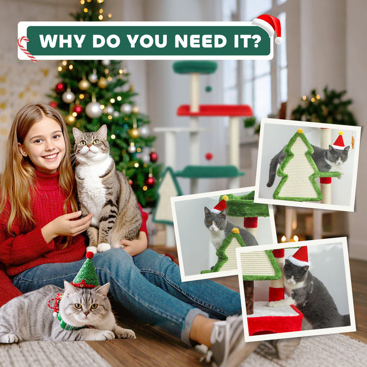 Christmas Cat Tree, 120cm Cat Tower with Scratching Post &amp; Board, Plat