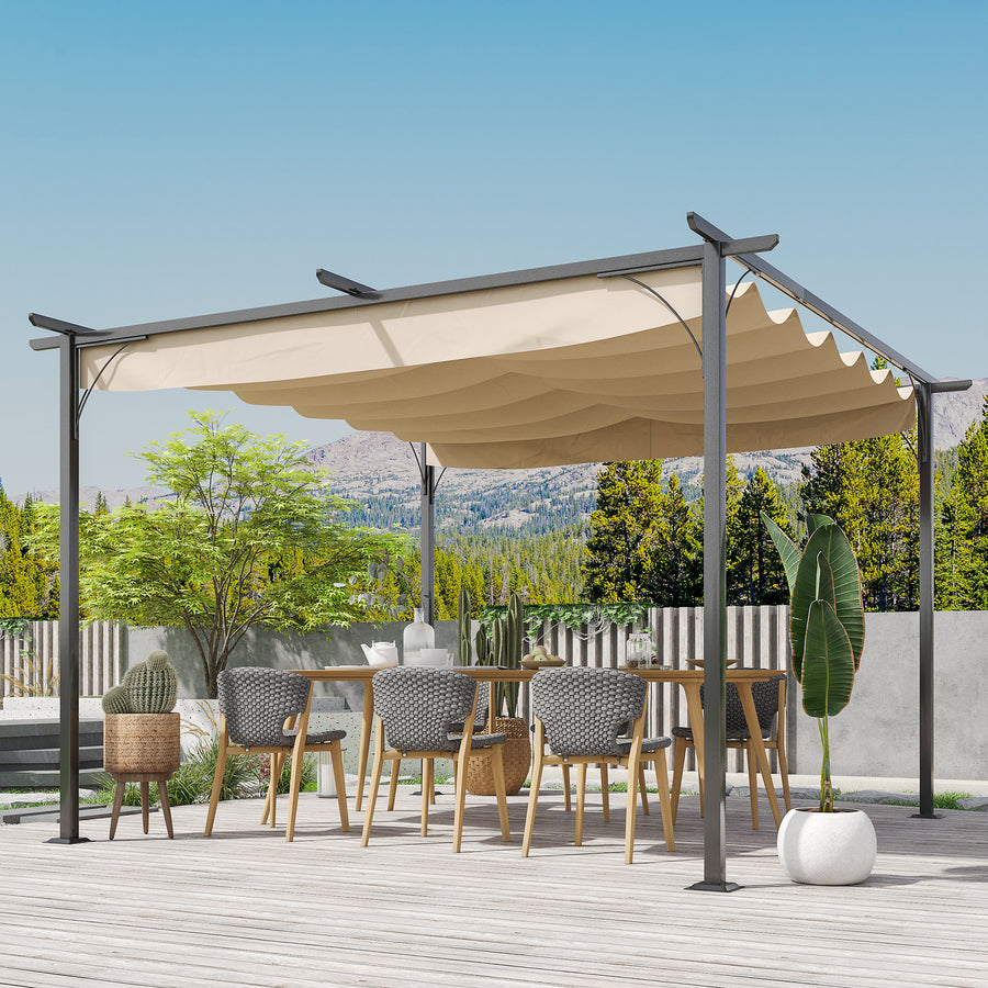 3.5M X 3.5M Metal Pergola Gazebo Awning Retractable Canopy Outdoor Garden Sun Shade Shelter Marquee Party BBQ, Beige