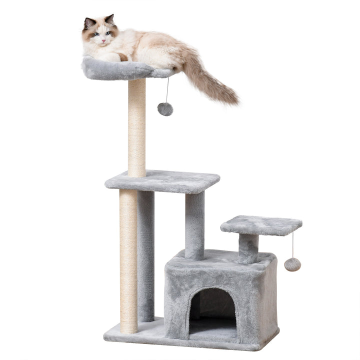 PawHut Feline Fun Tower: 114cm Tall Activity Centre with Scratching Posts, Perch, Dangling Ball & Condo, Light Grey | Aosom UK