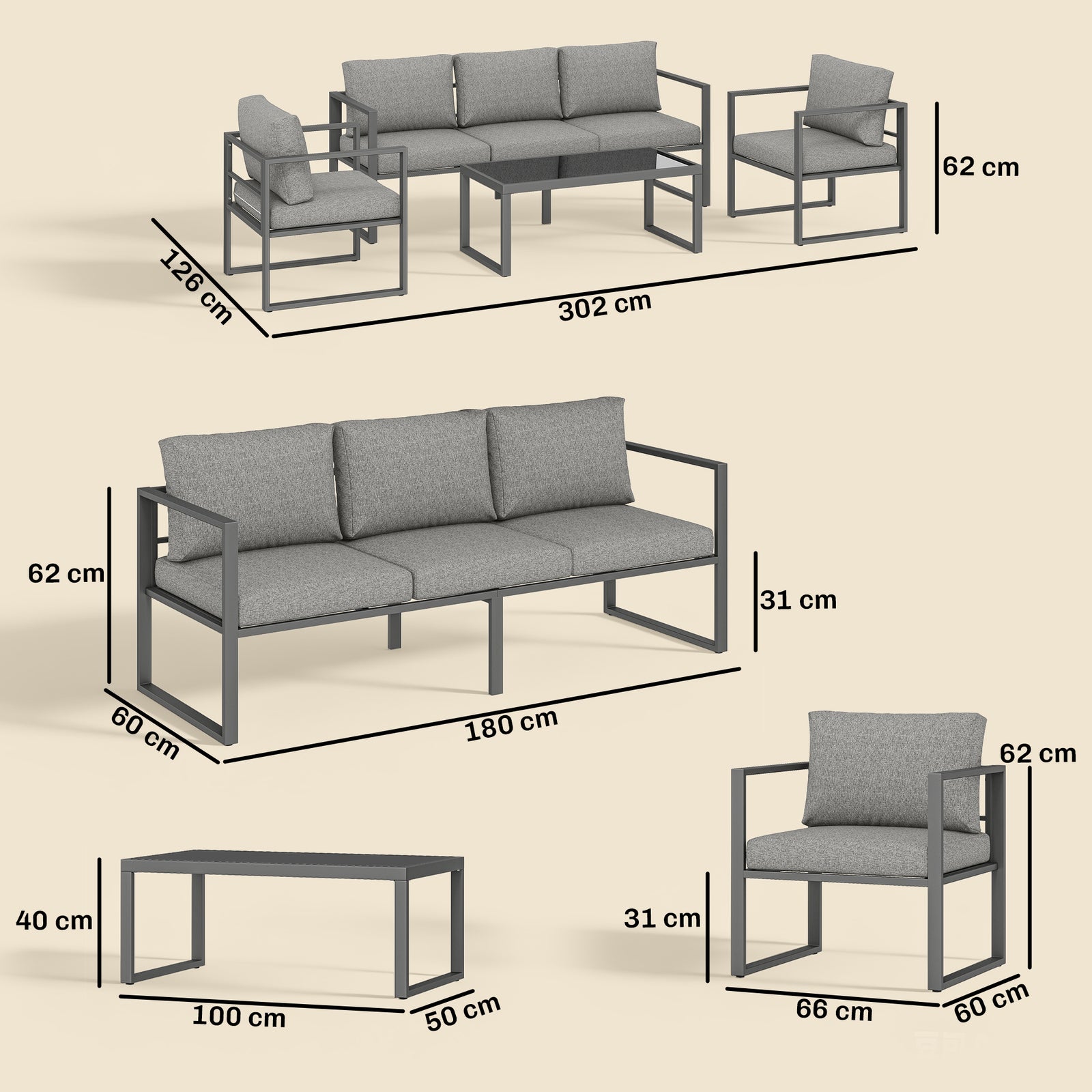 4 Piece Outdoor Garden Furniture Set, Patio Furniture with 3-Seater So