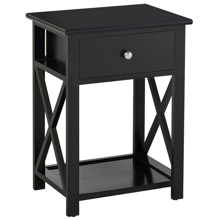 End Table, Sofa Side Table with Drawer X Bar Bottom Storage Shelf, Nightstand Bedside Table for Bedroom or Living Room Black