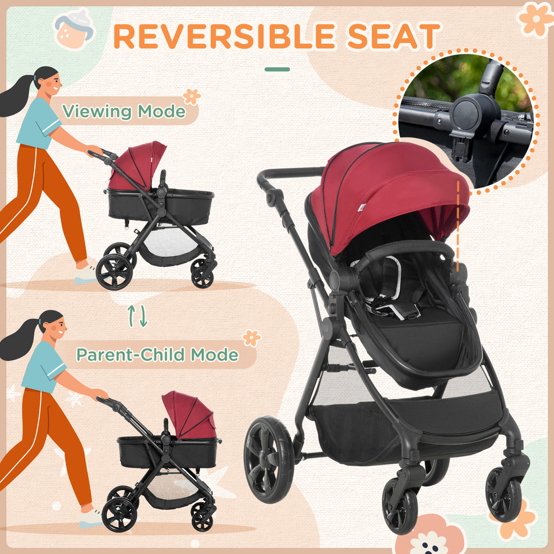 Foldable Baby Stoller, with Reclining Backrest, Adjustable Canopy, for Ages 0-36 Months - Red