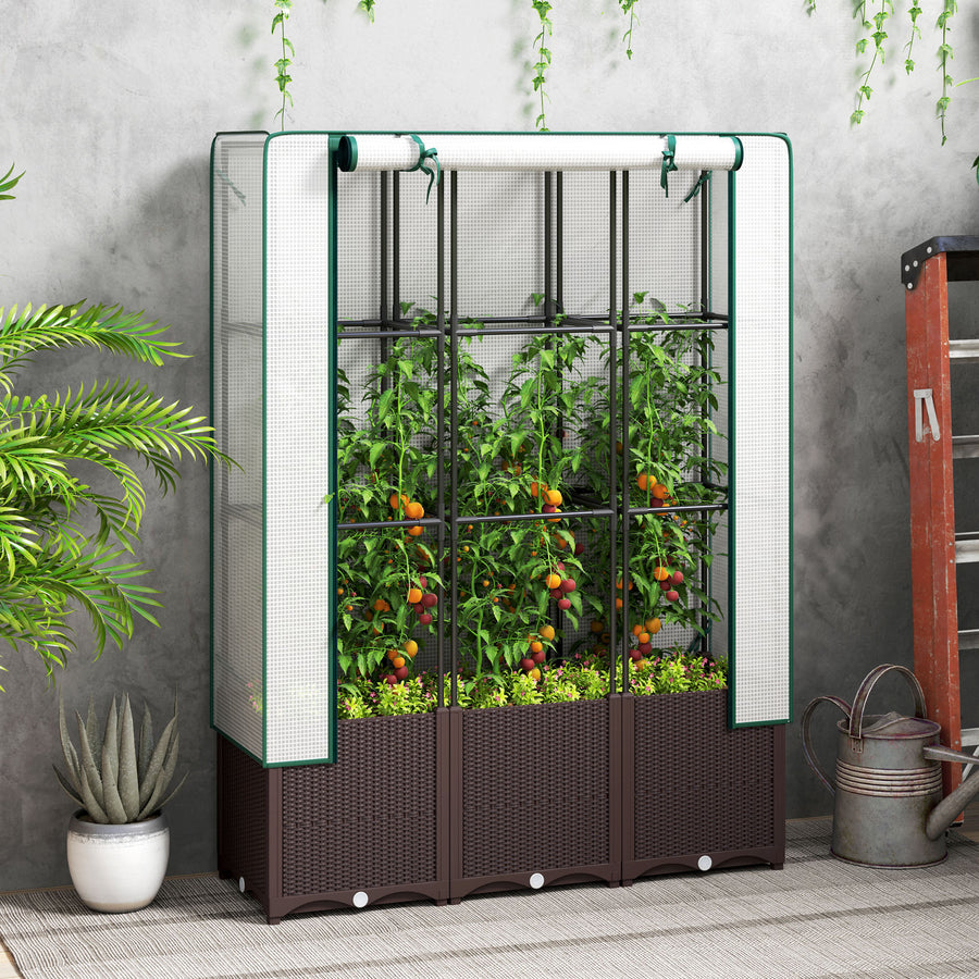 Raised Garden Bed with Trellis, Plastic Planter Box with PE Cover, Drainage Holes, Drain Plugs and Water Reservoirs for Climbing Plants, Vegetables, Flowers, 120 x 40 x 140 cm
