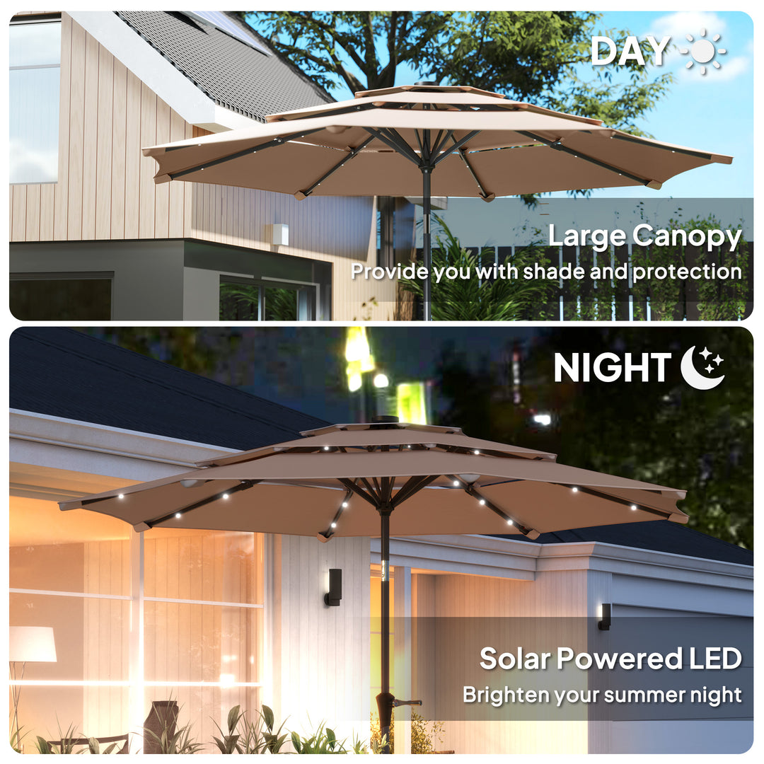 3-Tier Garden Parasol with Solar LED Lights, UPF 30+, Tilt Mechanism & Crank Handle, for Market Terrace, Khaki