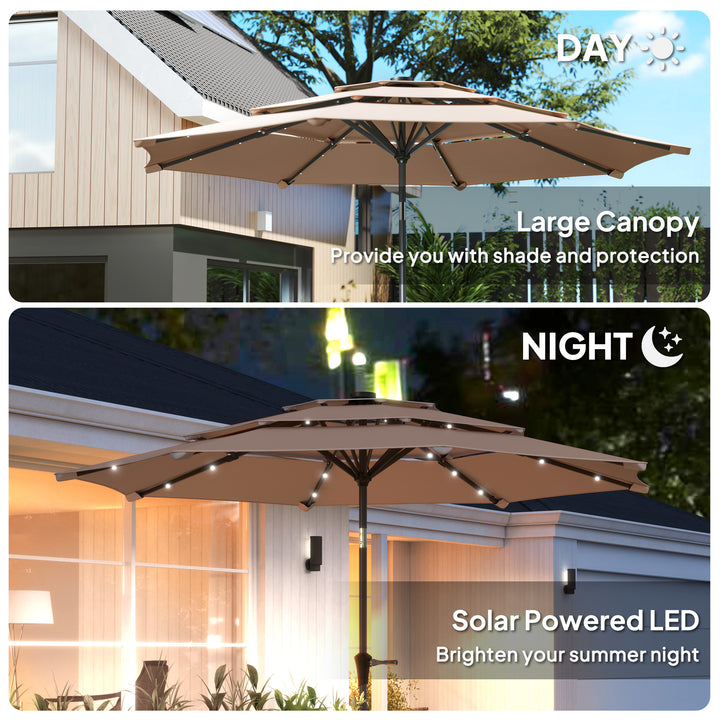 3-Tier Garden Parasol with Solar LED Lights, UPF 30+, Tilt Mechanism & Crank Handle, for Market Terrace, Khaki