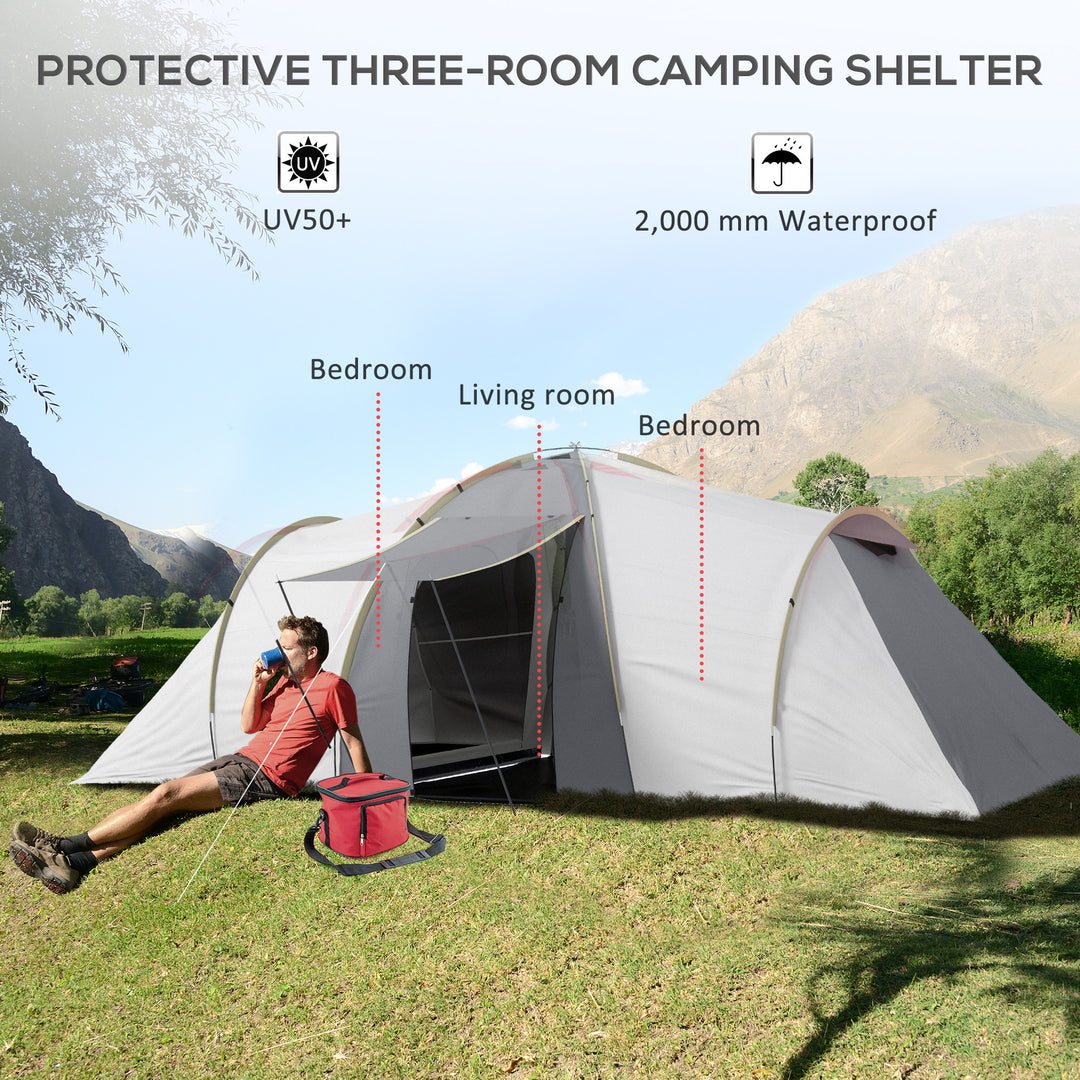 Four-Man Tunnel Tent, with Two Bedrooms and Living Room - Grey/Yellow