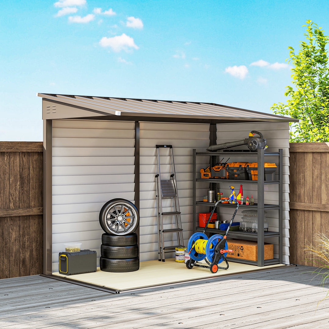 5 x 9ft Galvanised Metal Garden Shed with Foundation Kit, Outdoor Lean-to Shed, Tool Storage House with Lockable Doors, Gloves and 2 Air Vents for Patio, Garden, Brown