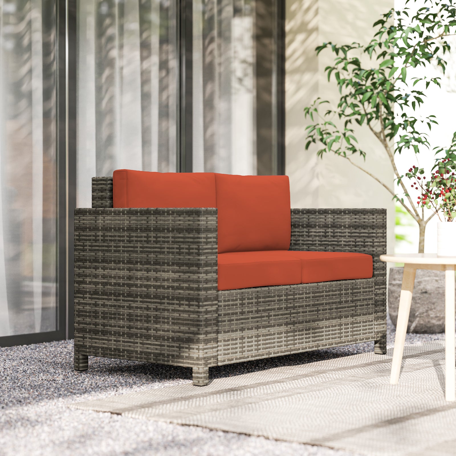 Rattan Sofa, 2 Seater Garden Furniture with Soft Padded Cushion and Armrests, Wicker Garden Loveseat for Patio, Grey