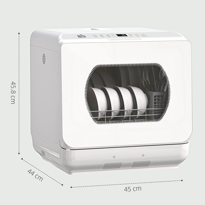 Table Top Dishwasher with Built-in 6L Water Tank, Mini Countertop Dishwasher with 6 Programs, 4 Place Settings, White