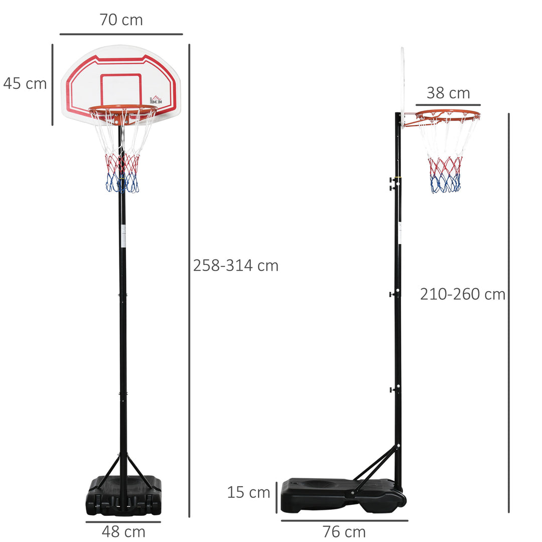 HOMCOM Outdoor Basketball Hoop Stand Portable Sturdy Rim Adjustable Height from 258-314 cm w/ Wheels, Stable Base