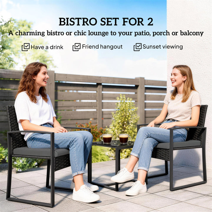 Rattan Bistro Set, 3 Piece Garden Furniture Set with Glass Top Table a