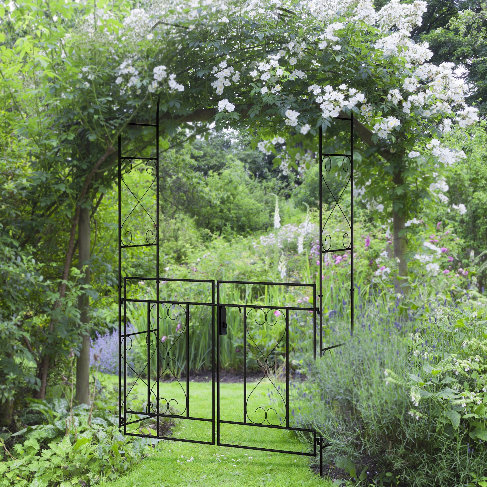 Decorative Garden Arch, with Gate - Black
