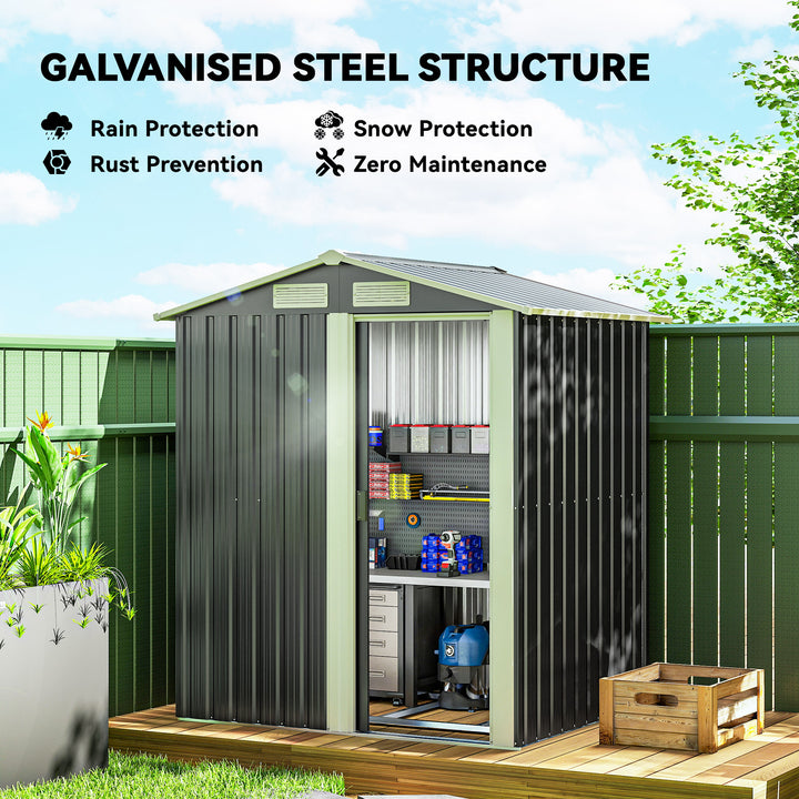 Garden Metal Tool Storage Shed with Sliding Door, Sloped Roof and Foundation Kit, 152 x 132 x 188cm, Grey