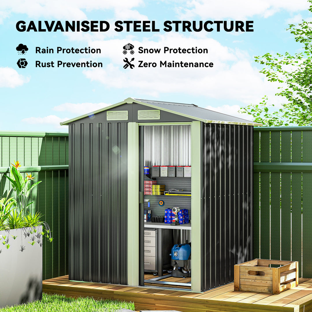 MCL Garden Metal Tool Storage Shed with Sliding Door, Sloped Roof and Foundation Kit, 152 x 132 x 188cm, Grey