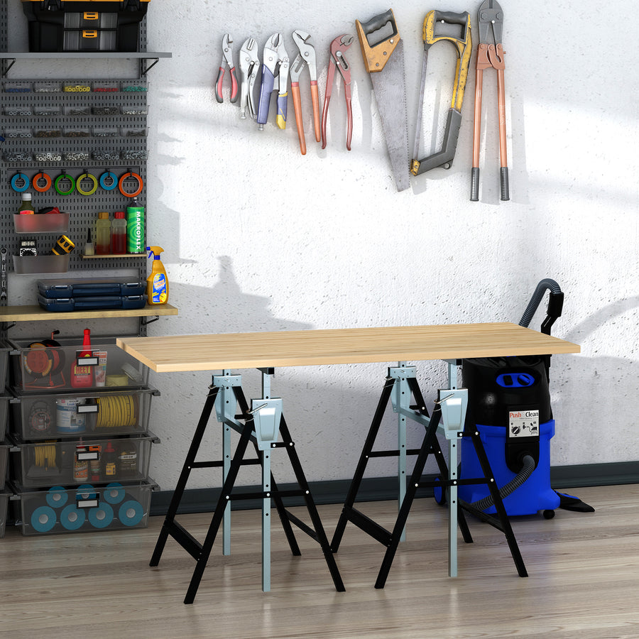 Set of 2 Adjustable Telescopic Builders Trestle, DIY Steel Work Bench Carpenter, Folding Saw Horse Tools Black