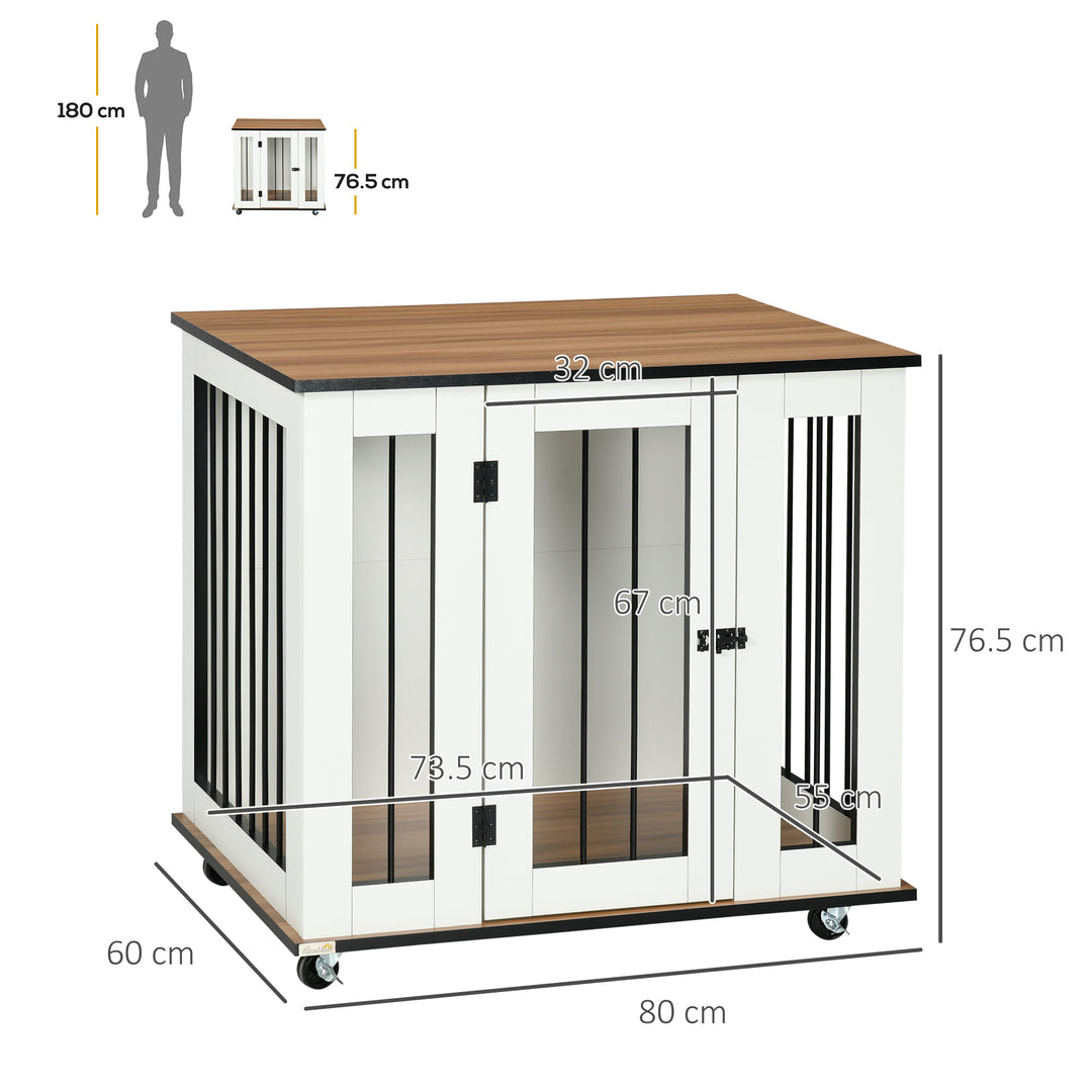 Dog Crate Furniture, Dog Cage End Table, with Wheels, for Medium Dogs, 80 x 60 x 76.5cm - White