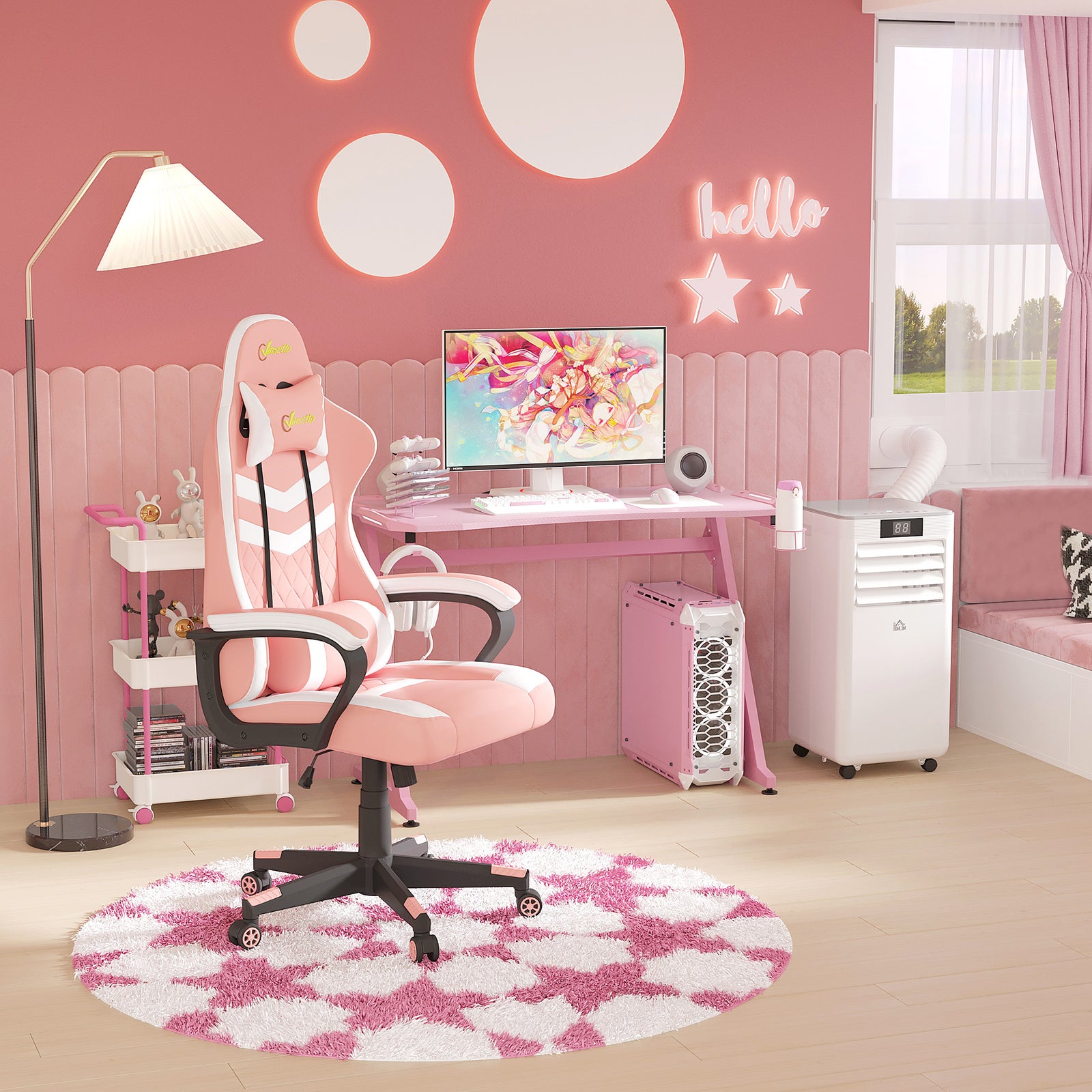 Gaming Chair, Computer Desk Chair with Lumbar Support, Faux Leather Racing Chair with Headrest and Swivel Wheels for Home Office, Pink