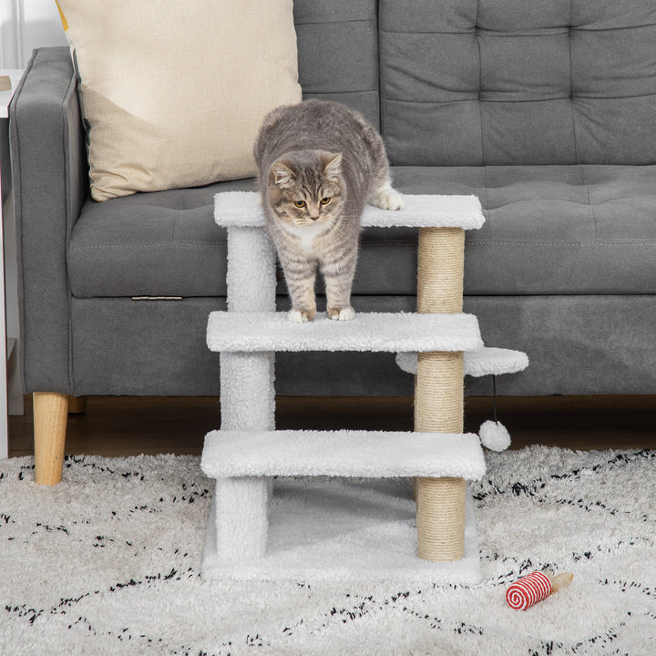 PawHut Pet Stair with 3-step Climb Ladder, Scratching Posts, Platforms, Toy Ball, for Indoor Elderly Cats Kittens, White