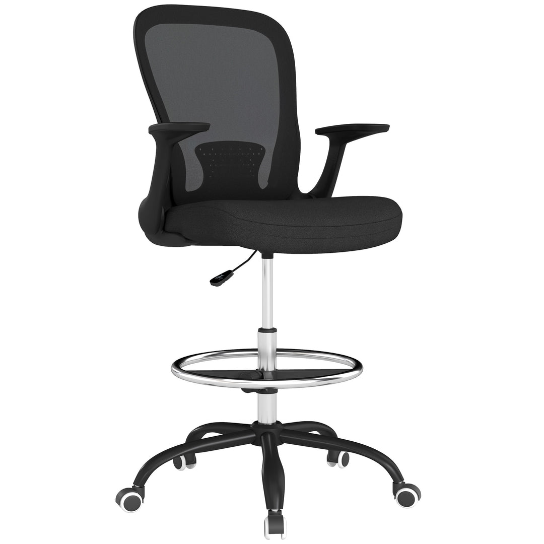 Draughtsman Chair, Mesh Drafting Chair, Ergonomic Office Chair with Flip-up Armrest, Adjustable Foot Ring, Black