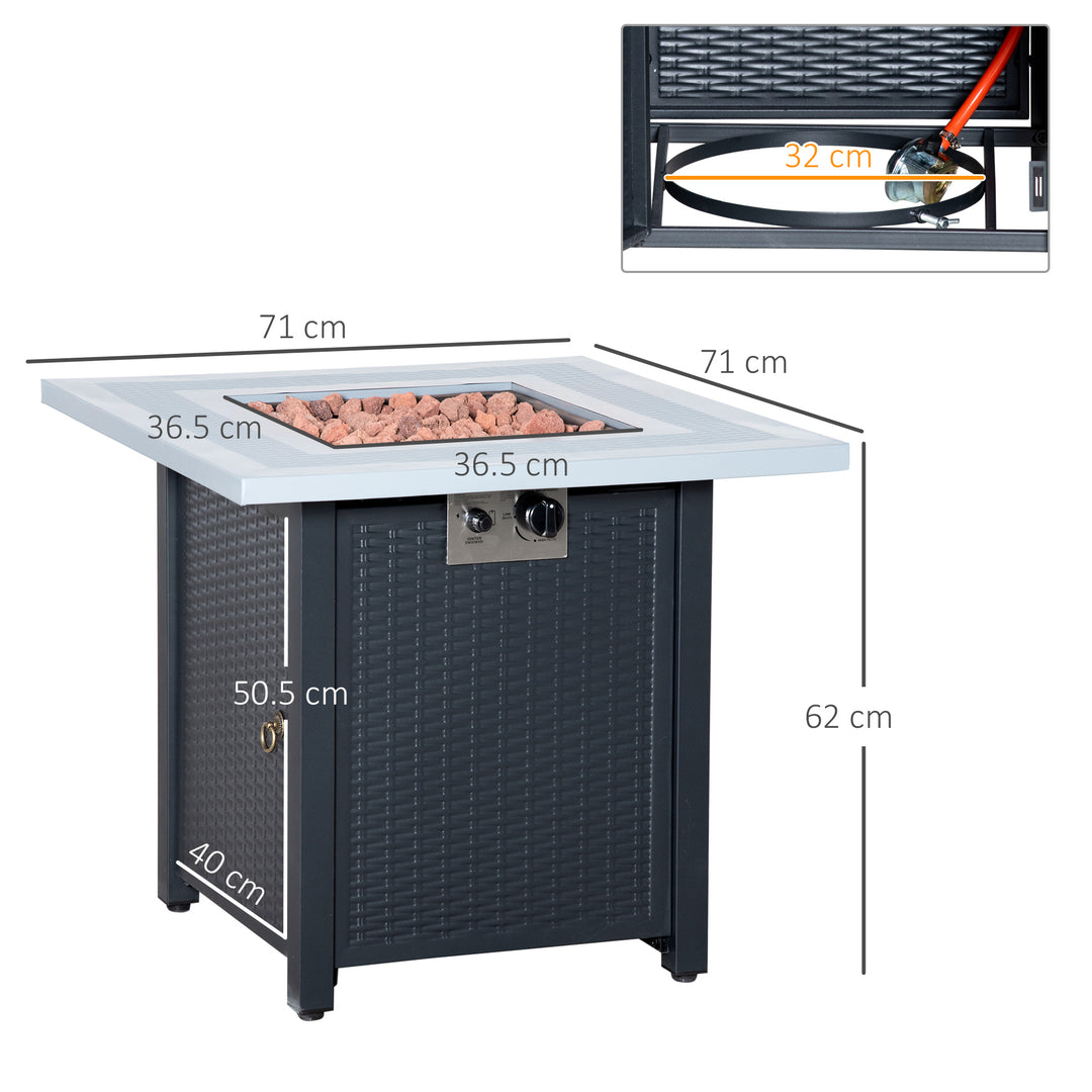 Outsunny Square Propane Gas Fire Pit Table, 40000 BTU Rattan Smokeless Firepit Patio Heater with Lava Rocks and Lid, 71cm x 71cm x 62cm, Black