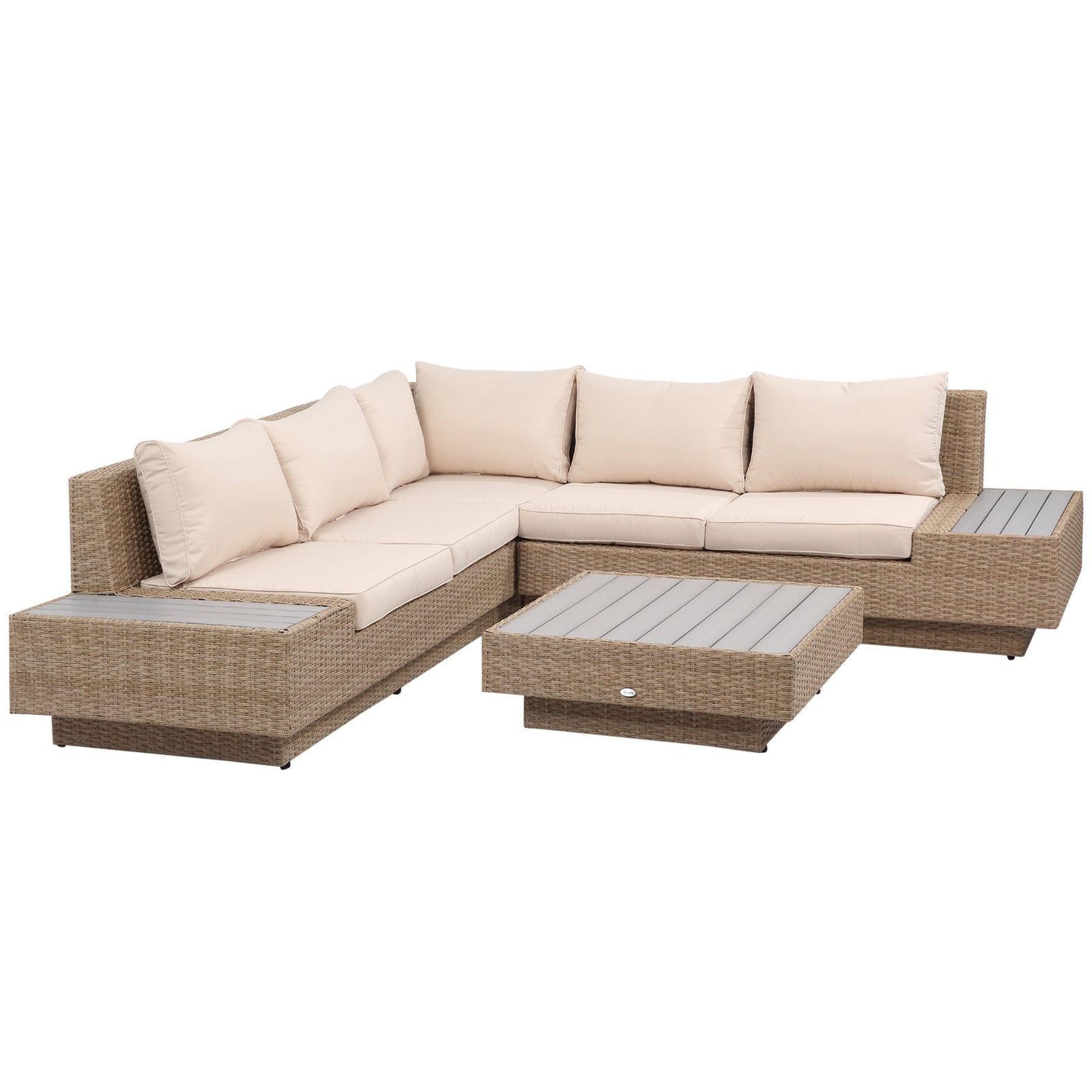 4 Pieces Rattan Garden Furniture Set, Garden Corner Sofa with Side Trays, Wicker Conservatory Furniture Set with Loveseats, Slatted Plastic Top Coffee Table and Cushions, Beige