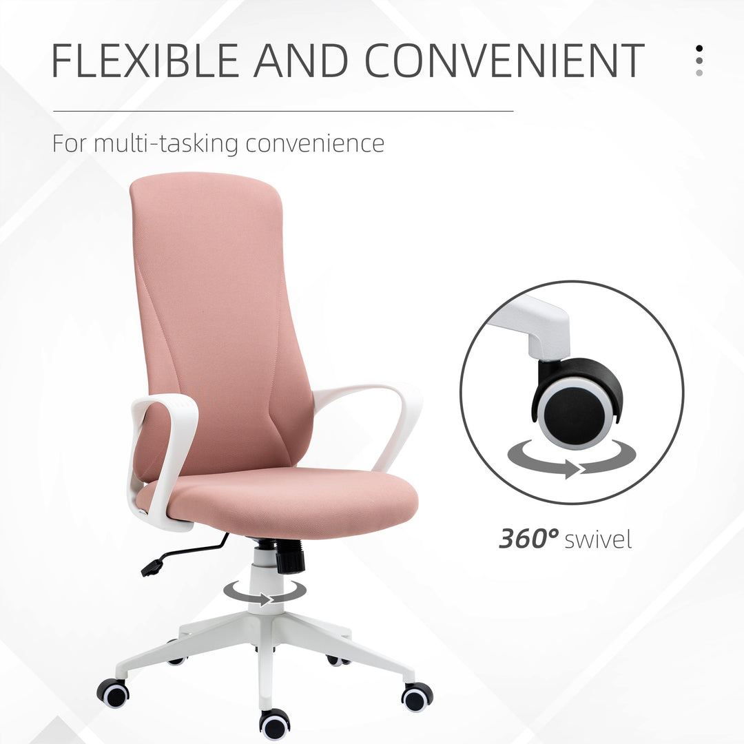 High Back Office Chair, Fabric Desk Chair with Armrests, Adjustable Height, Swivel Wheels, Pink