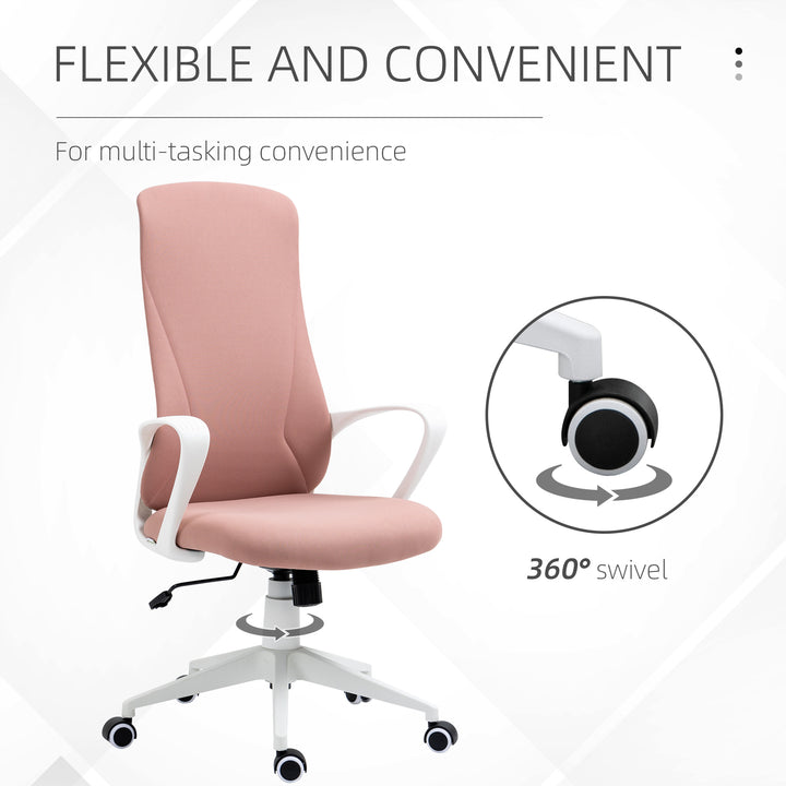 High Back Office Chair, Fabric Desk Chair with Armrests, Adjustable Height, Swivel Wheels, Pink