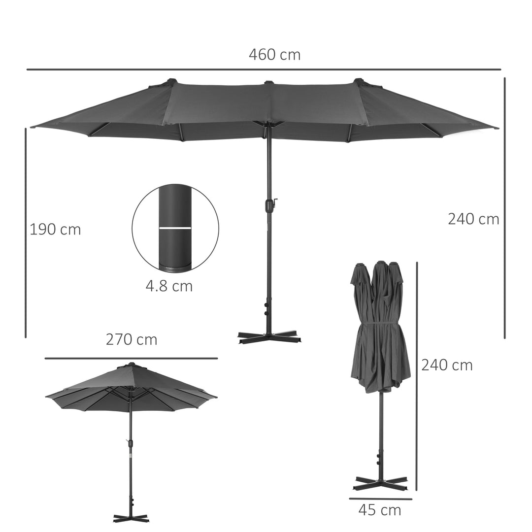 4.6M Sun Umbrella Canopy Double-sided Crank Sun Shade w/ Cross Base Grey