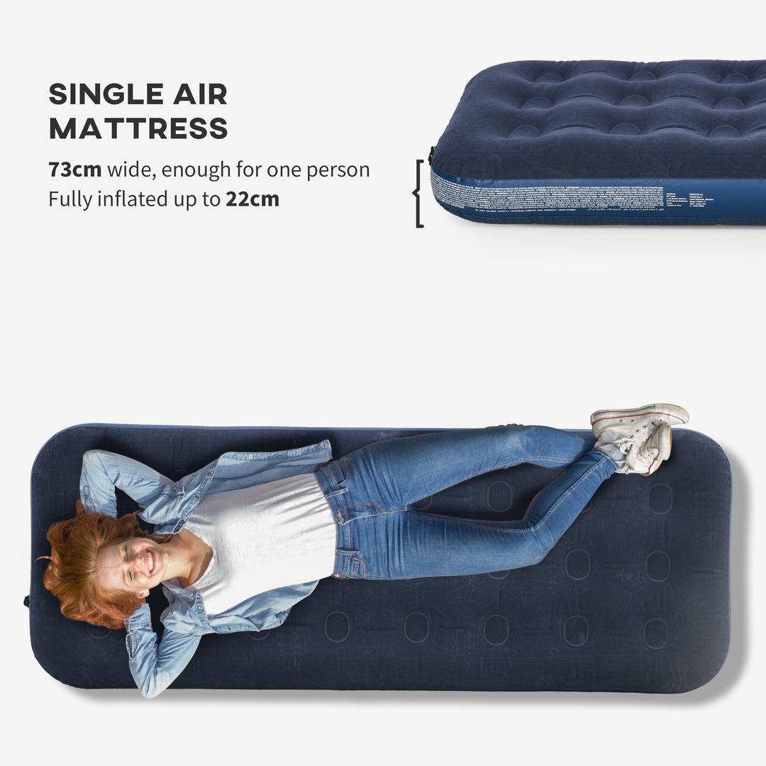 Single Air Bed with Hand Pump, Inflatable Mattress with Flocked Surface for Guest, Camping, Travel, 191 x 73 x 22cm, Blue