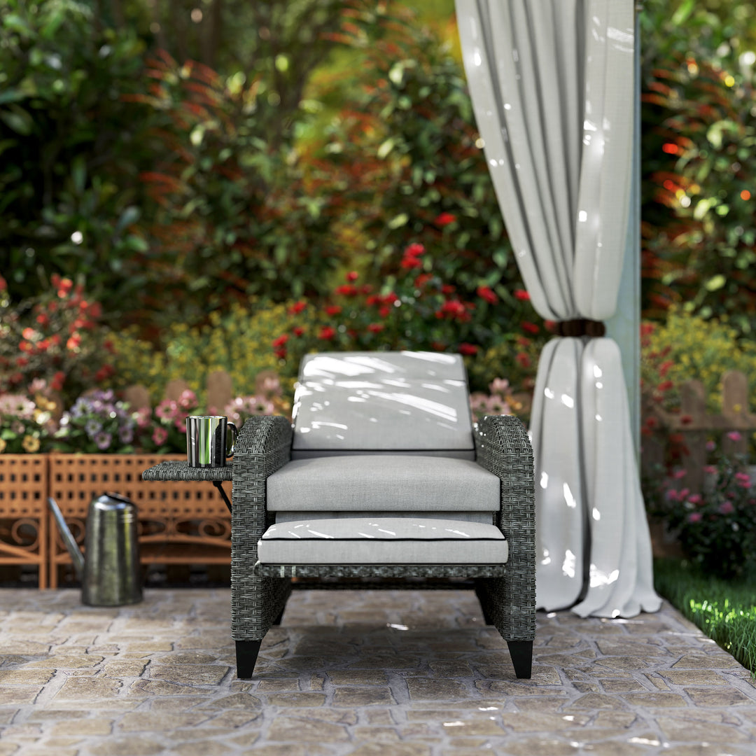 Outdoor Recliner Chair with Adjustable Backrest and Footrest, Cushion, Side Tray, Light Grey/Grey