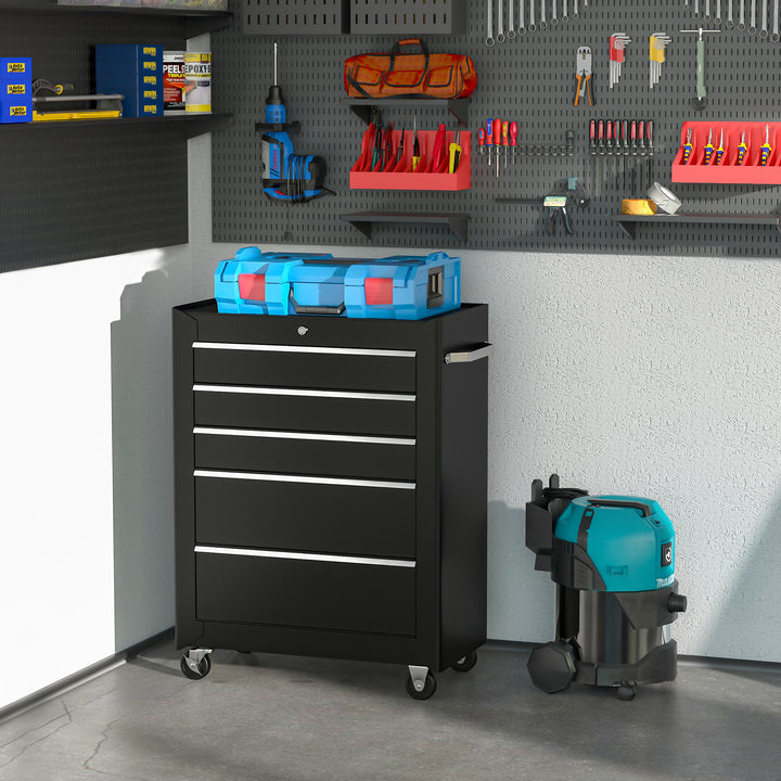 Rolling Tool Storage Cabinet 5-Drawer Tool Chest Black Steel by HOMCOM | Aosom UK