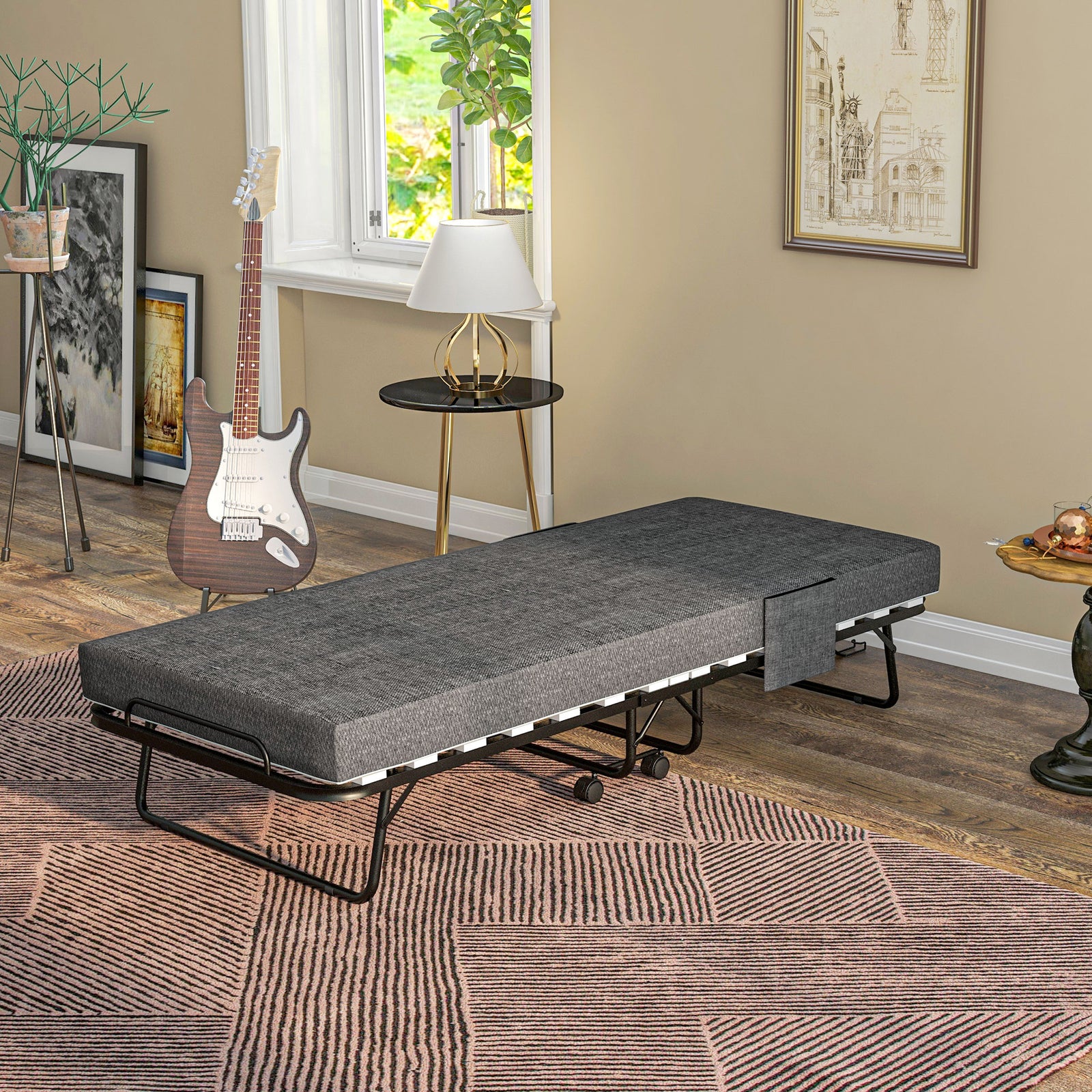 Single Steel Frame Folding Bed, with Wheels - Black/Grey