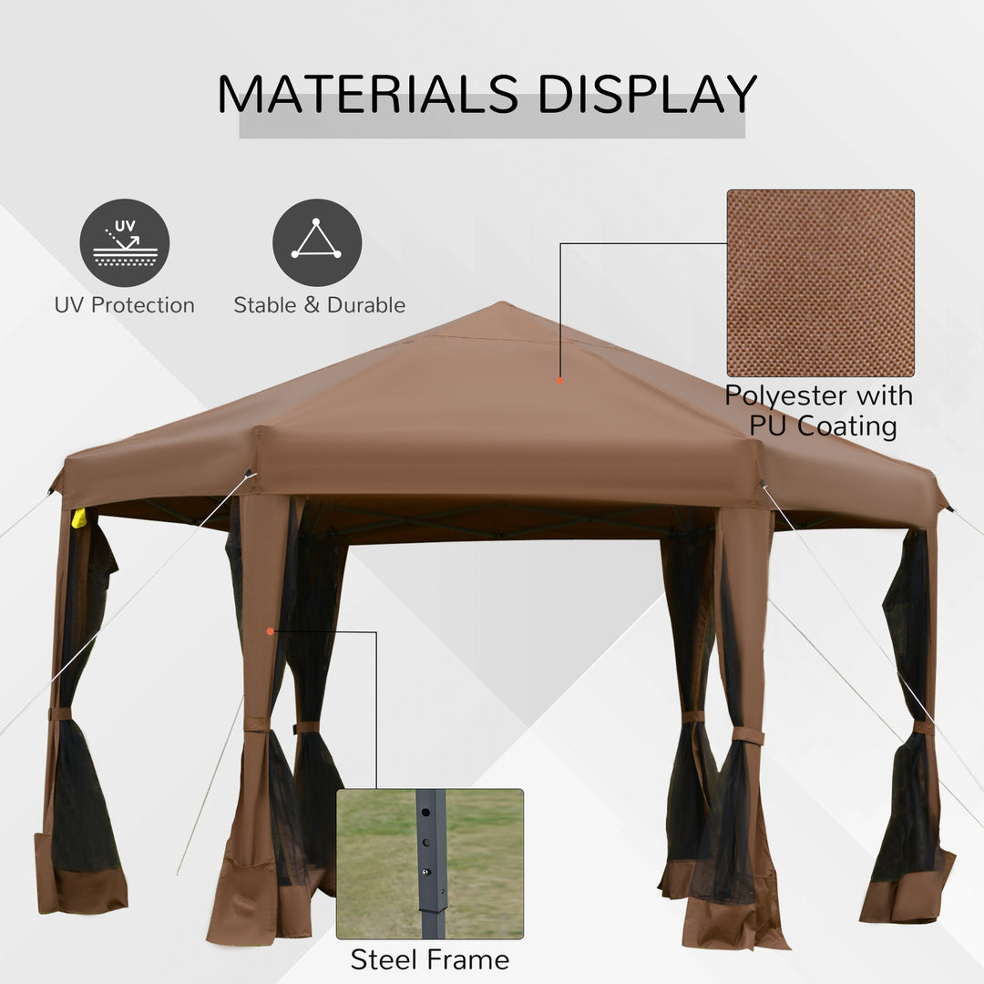 Outsunny 3.2m Pop Up Gazebo Hexagonal Canopy Tent Outdoor Sun Protection with Mesh Sidewalls, Handy Bag, Brown