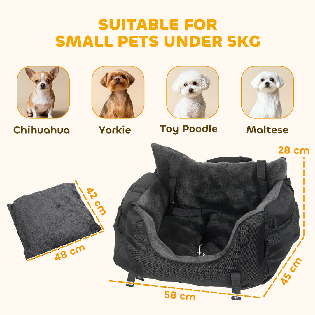 MCL Dog Car Seat for Small Dogs with Fixed Buckle, Safety Leash, Washable Cover, 58 x 45 x 28 cm, Black