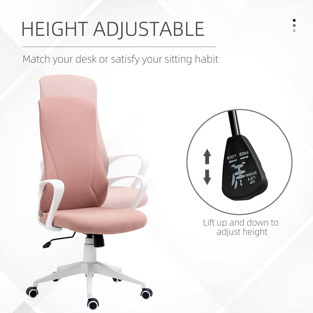 High Back Office Chair, Fabric Desk Chair with Armrests, Adjustable Height, Swivel Wheels, Pink
