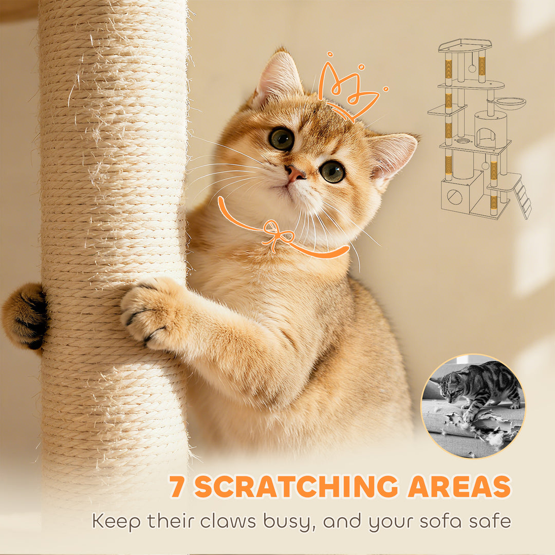 170 cm Large Cat Tree, Cat Tower with 7 Scratching Posts, Tunnel, 2 Co