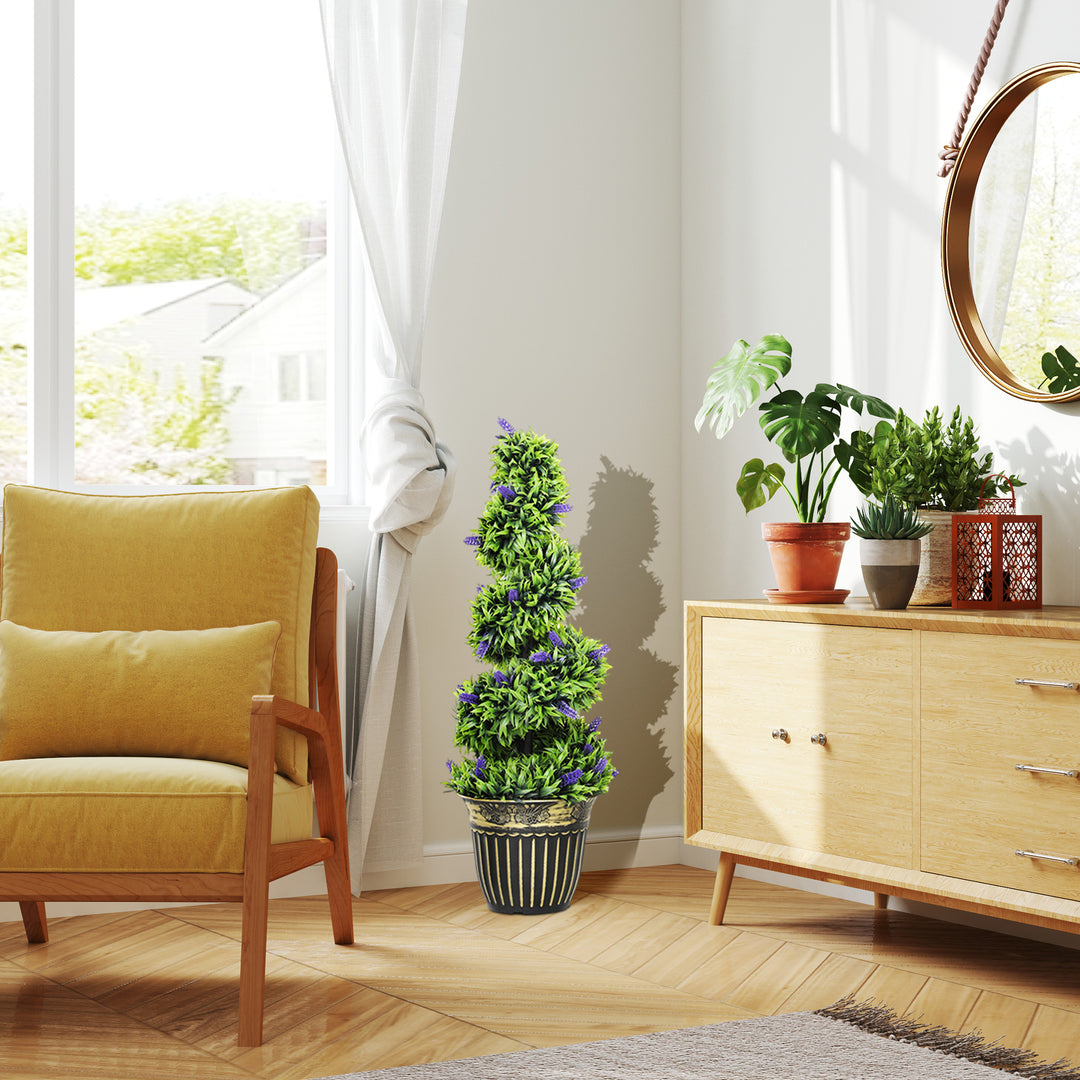 Set of 2 Decorative Artificial Plants, Boxwood Spiral Topiary Tree with Lavender and Pot, Fake Plants for Home Indoor Outdoor Decor, 90cm