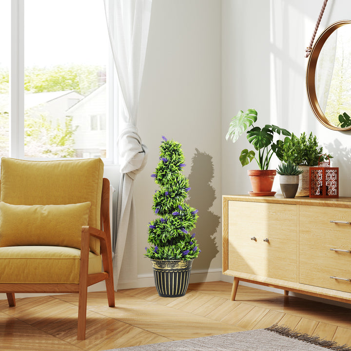 Set of 2 Decorative Artificial Plants, Boxwood Spiral Topiary Tree with Lavender and Pot, Fake Plants for Home Indoor Outdoor Decor, 90cm