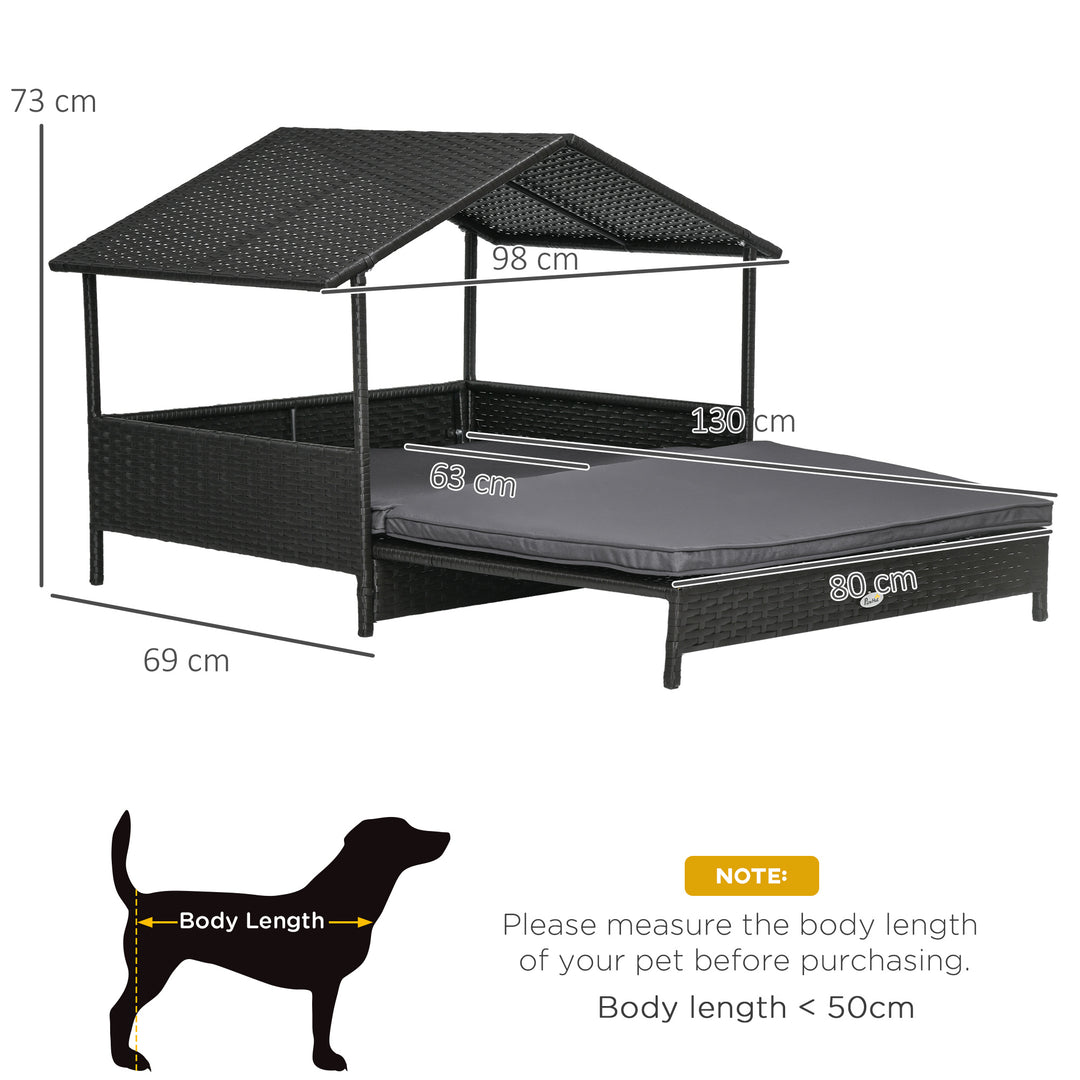 Extendable Elevated Dog Bed, Rattan Dog House w/ Water-Resistant Roof, Removable Cushion - Grey