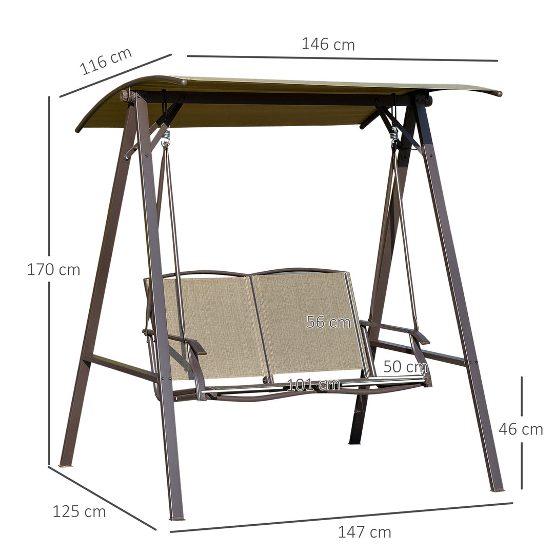 2 Seater Garden Swing Seat Swing Chair, Outdoor Canopy Swing Bench with Adjustable Shade, Metal Frame and Texteline Seat, Brown