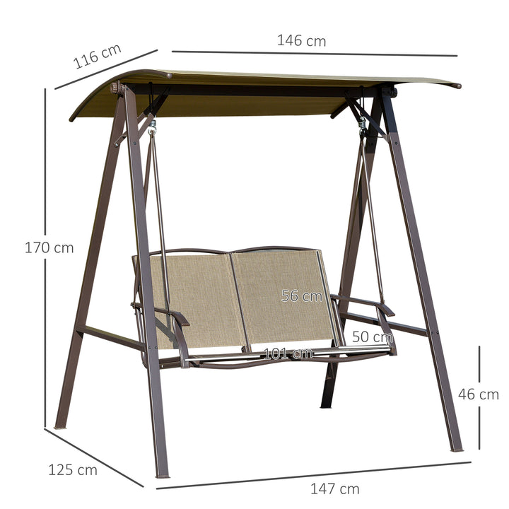 2 Seater Garden Swing Seat Swing Chair, Outdoor Canopy Swing Bench with Adjustable Shade, Metal Frame and Texteline Seat, Brown