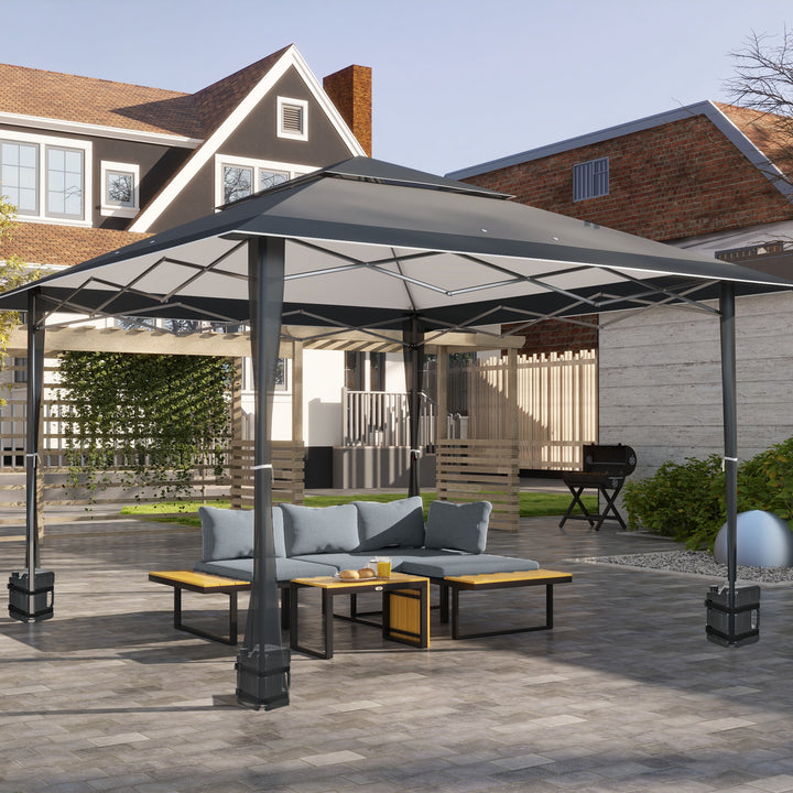Outsunny 4 x 4m Pop-up Gazebo Double Roof Canopy Tent with UV Proof, Roller Bag & 3-Level Height Adjustable Outdoor Party, Steel Frame, Dark Grey